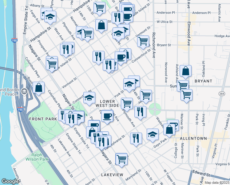 map of restaurants, bars, coffee shops, grocery stores, and more near 233 Plymouth Avenue in Buffalo