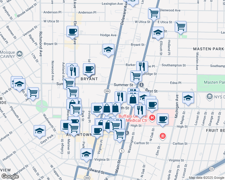 map of restaurants, bars, coffee shops, grocery stores, and more near 82 Summer Hill Lane in Williamsville