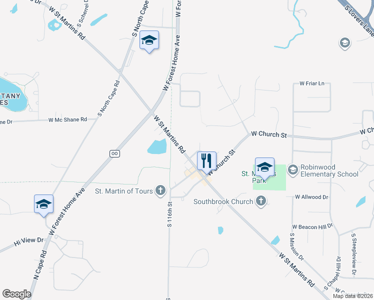 map of restaurants, bars, coffee shops, grocery stores, and more near 11460 West Saint Martins Road in Franklin