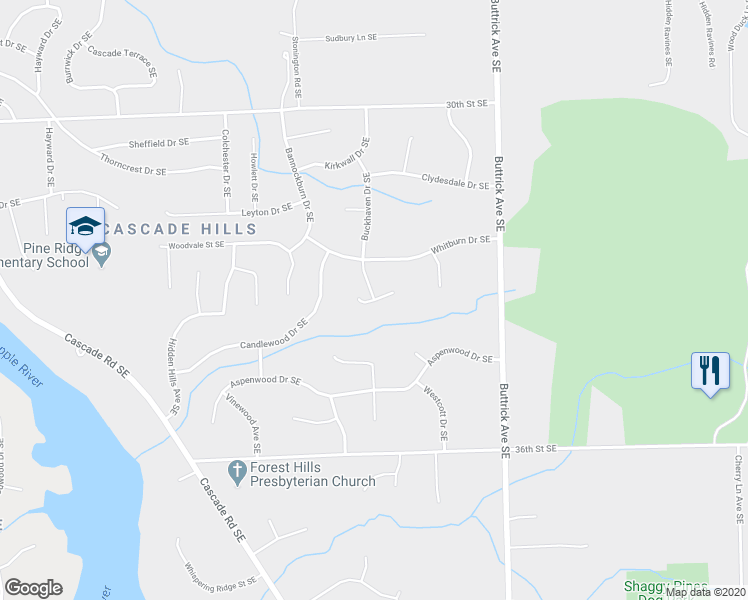 map of restaurants, bars, coffee shops, grocery stores, and more near 7799 Stonehaven Drive Southeast in Ada