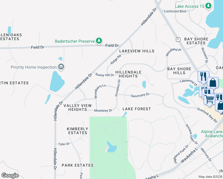 map of restaurants, bars, coffee shops, grocery stores, and more near S77W20235 Woodberry Lane in Muskego