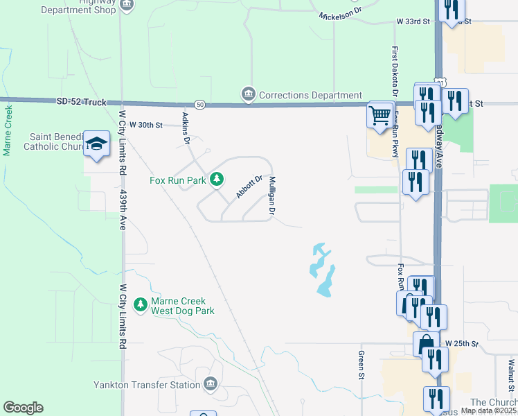 map of restaurants, bars, coffee shops, grocery stores, and more near 2512 Dunham Drive in Yankton