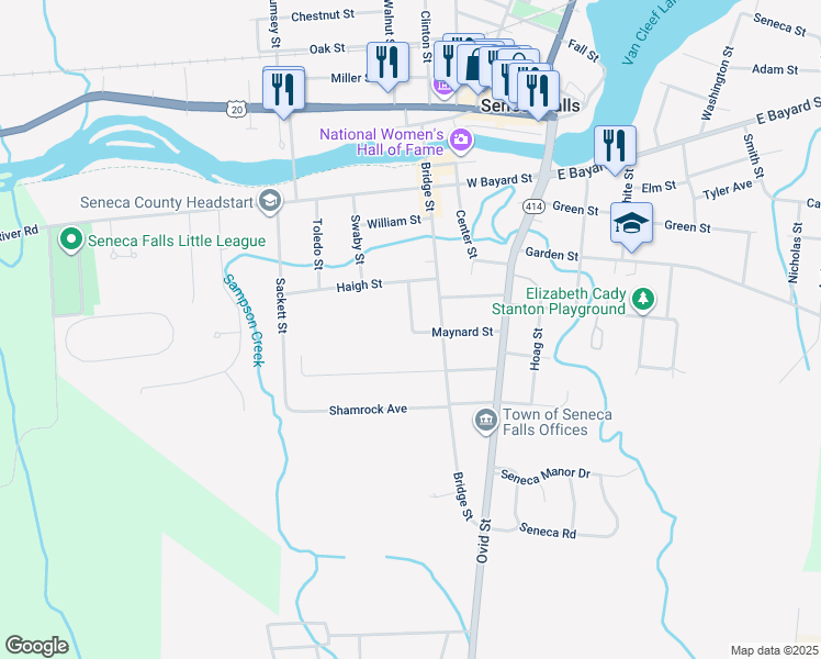 map of restaurants, bars, coffee shops, grocery stores, and more near 6 Seneca Lane in Seneca Falls