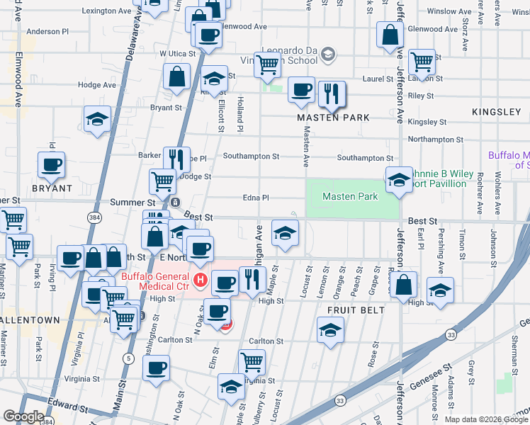 map of restaurants, bars, coffee shops, grocery stores, and more near 1149 Michigan Avenue in Buffalo