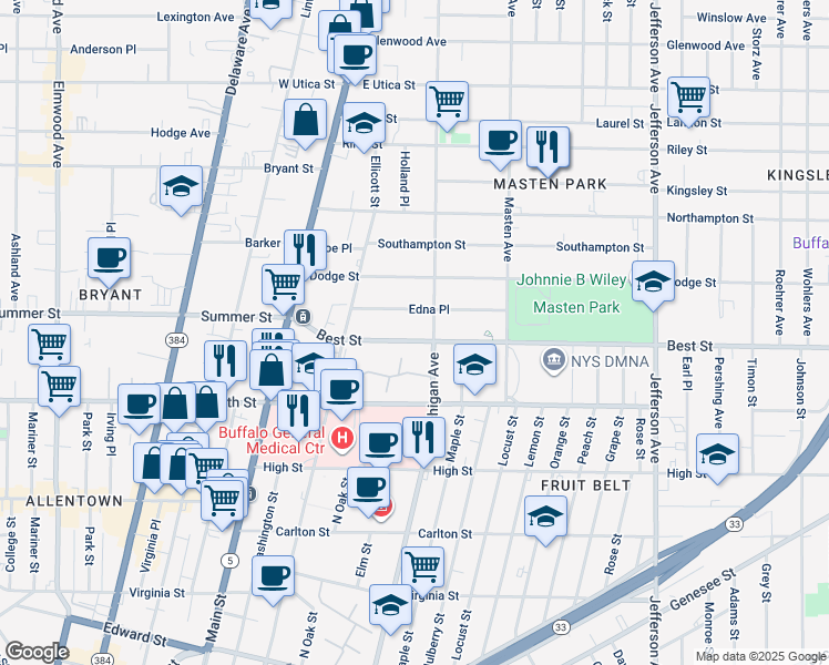 map of restaurants, bars, coffee shops, grocery stores, and more near 51 Edna Place in Buffalo