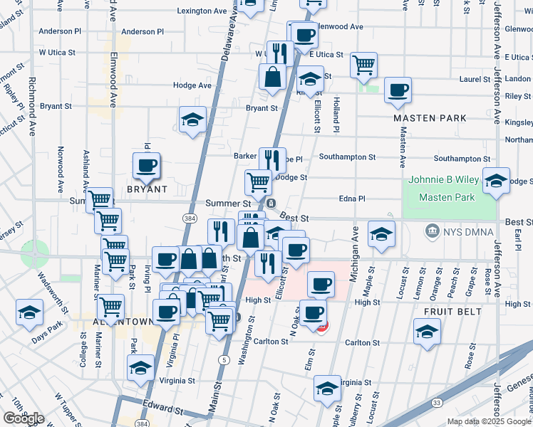 map of restaurants, bars, coffee shops, grocery stores, and more near 1130 Main Street in Buffalo