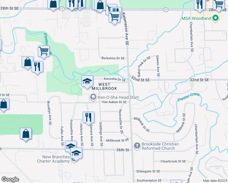 map of restaurants, bars, coffee shops, grocery stores, and more near 1515 Lancashire Drive Southeast in Grand Rapids