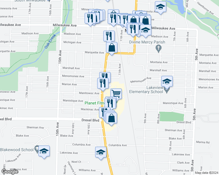 map of restaurants, bars, coffee shops, grocery stores, and more near 1116 Marion Avenue in South Milwaukee