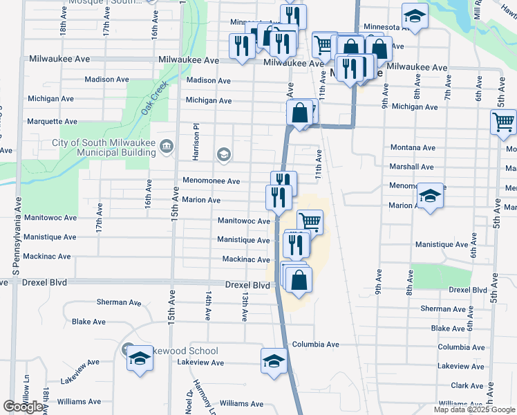 map of restaurants, bars, coffee shops, grocery stores, and more near 1226 Marion Avenue in South Milwaukee