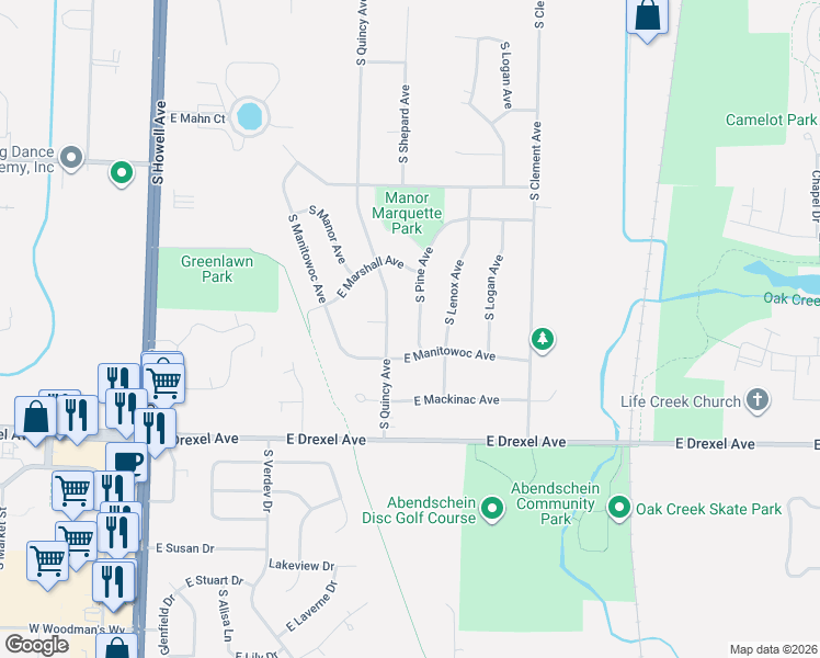 map of restaurants, bars, coffee shops, grocery stores, and more near 7690 South Quincy Avenue in Oak Creek