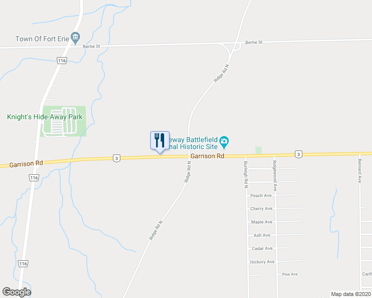 map of restaurants, bars, coffee shops, grocery stores, and more near 3474 Garrison Road in Fort Erie