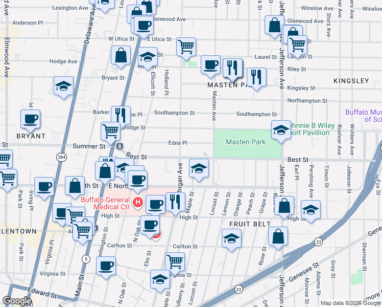 map of restaurants, bars, coffee shops, grocery stores, and more near 127 Edna Place in Buffalo