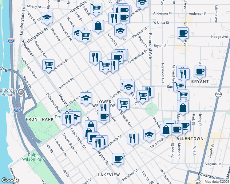 map of restaurants, bars, coffee shops, grocery stores, and more near 80 York Street in Buffalo