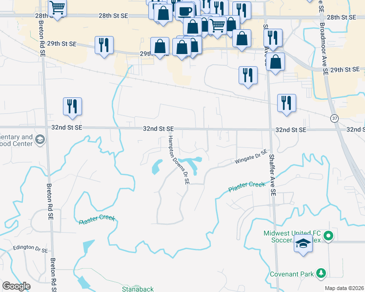 map of restaurants, bars, coffee shops, grocery stores, and more near 3272 Cambridge Street Southeast in Kentwood