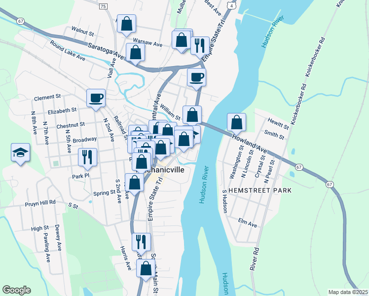 map of restaurants, bars, coffee shops, grocery stores, and more near 3 River Street in Mechanicville