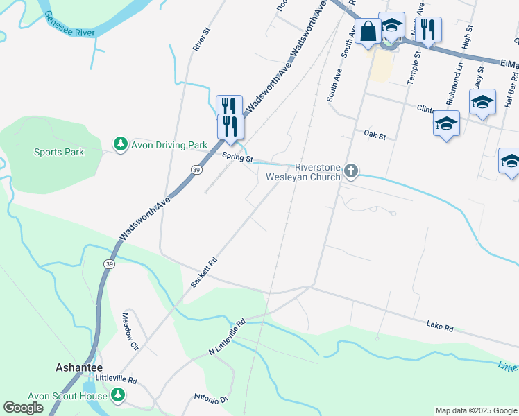 map of restaurants, bars, coffee shops, grocery stores, and more near 158 Sackett Road in Avon