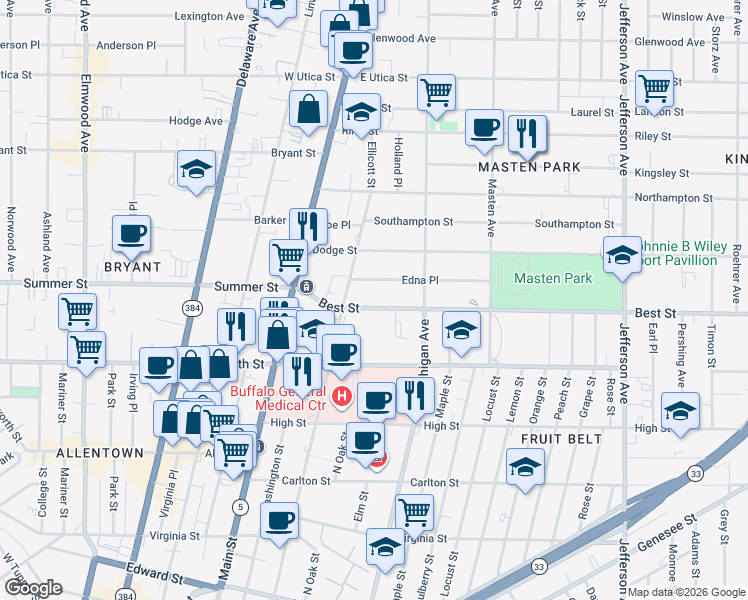 map of restaurants, bars, coffee shops, grocery stores, and more near 51 Edna Place in Buffalo
