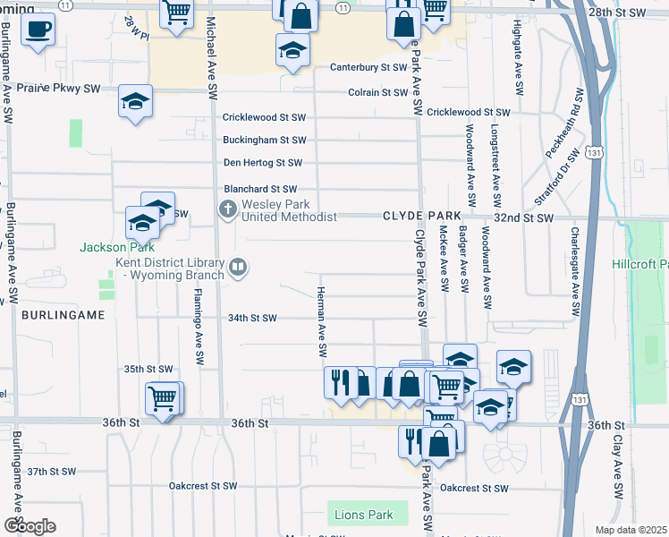 map of restaurants, bars, coffee shops, grocery stores, and more near 945 33rd Street Southwest in Wyoming