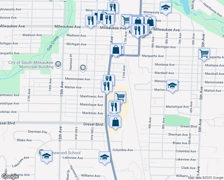 map of restaurants, bars, coffee shops, grocery stores, and more near 1125 Marion Avenue in South Milwaukee