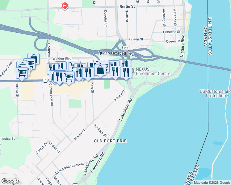 map of restaurants, bars, coffee shops, grocery stores, and more near 1 Albany Street in Fort Erie