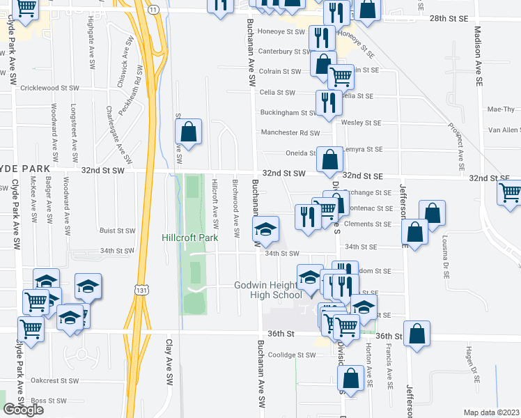 map of restaurants, bars, coffee shops, grocery stores, and more near 3292 Buchanan Avenue Southwest in Grand Rapids