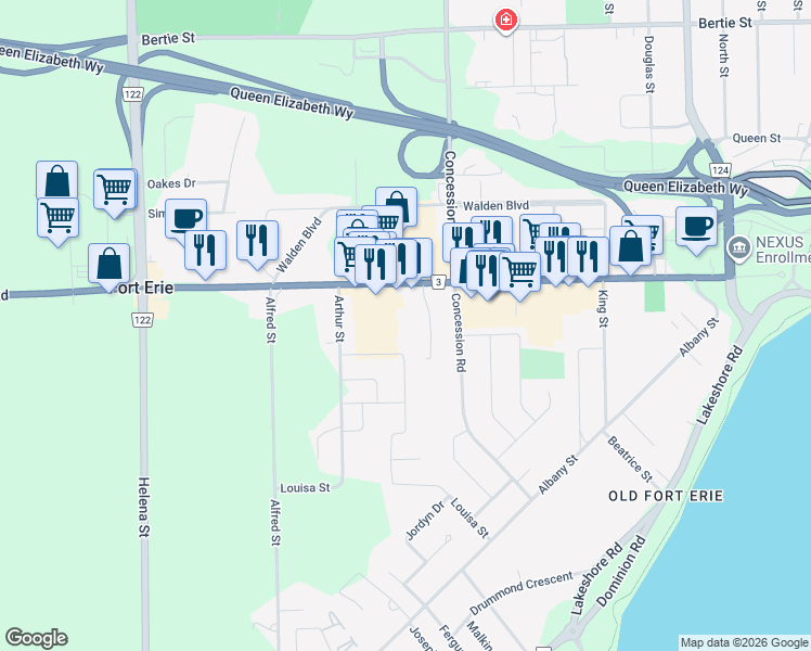 map of restaurants, bars, coffee shops, grocery stores, and more near 397 Garrison Road in Fort Erie