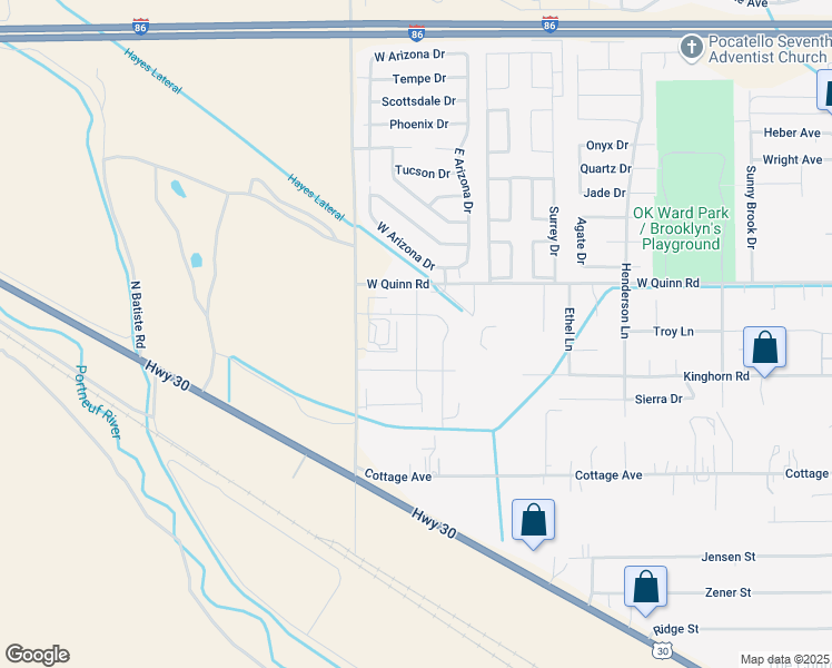 map of restaurants, bars, coffee shops, grocery stores, and more near Breezy Point Drive in Pocatello