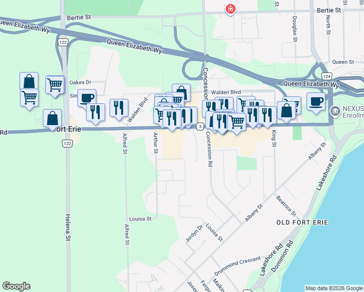 map of restaurants, bars, coffee shops, grocery stores, and more near 397 Garrison Road in Fort Erie