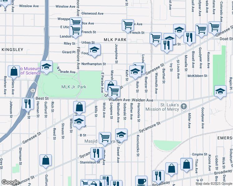 map of restaurants, bars, coffee shops, grocery stores, and more near 1219 Genesee Street in Buffalo