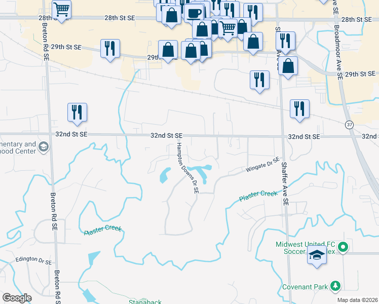 map of restaurants, bars, coffee shops, grocery stores, and more near 3272 Cambridge Street Southeast in Kentwood