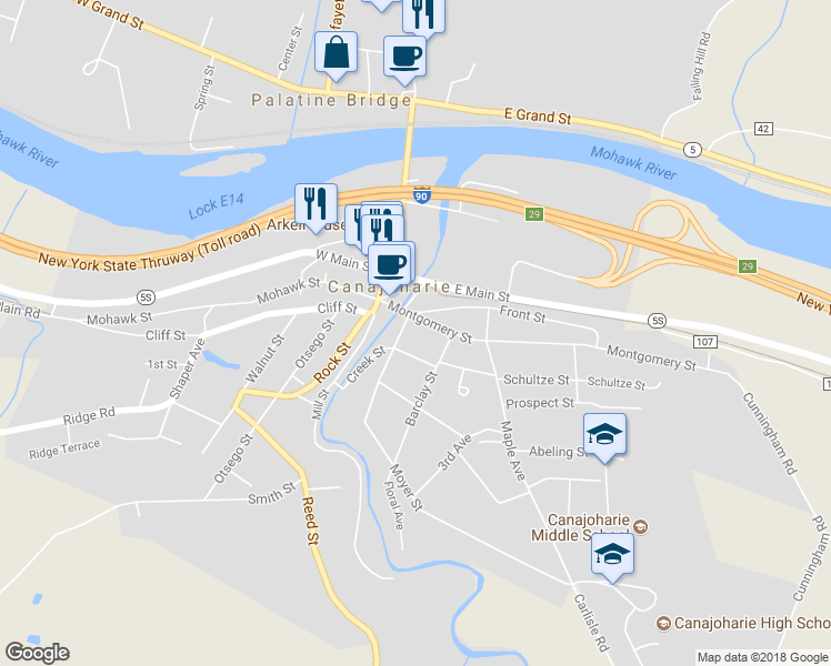 map of restaurants, bars, coffee shops, grocery stores, and more near 10 Montgomery Street in Canajoharie
