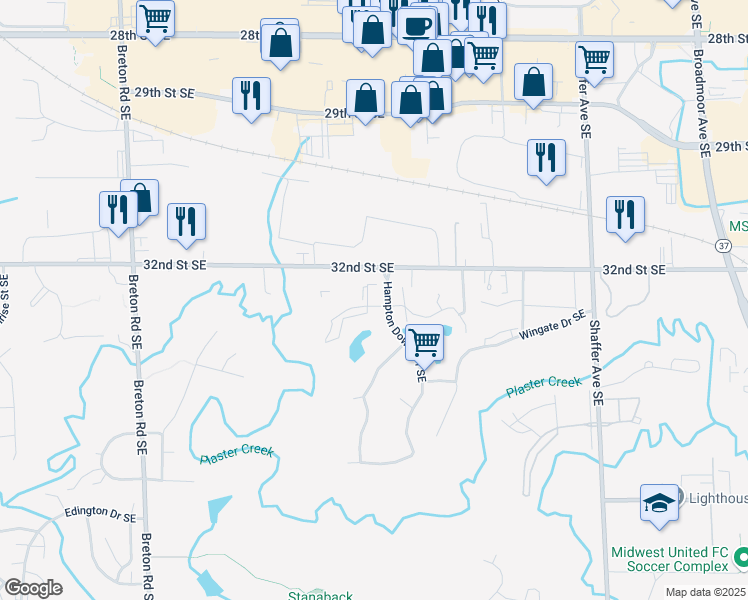 map of restaurants, bars, coffee shops, grocery stores, and more near 2805 Castle Bluff Court Southeast in Kentwood