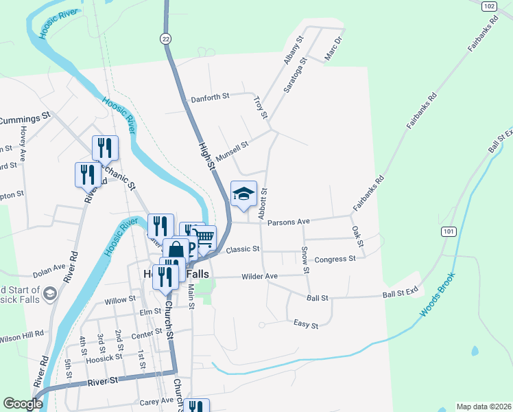map of restaurants, bars, coffee shops, grocery stores, and more near 44 Abbott Street in Hoosick Falls