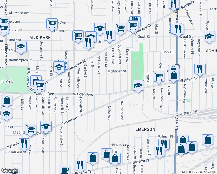 map of restaurants, bars, coffee shops, grocery stores, and more near 30 Bissell Avenue in Buffalo