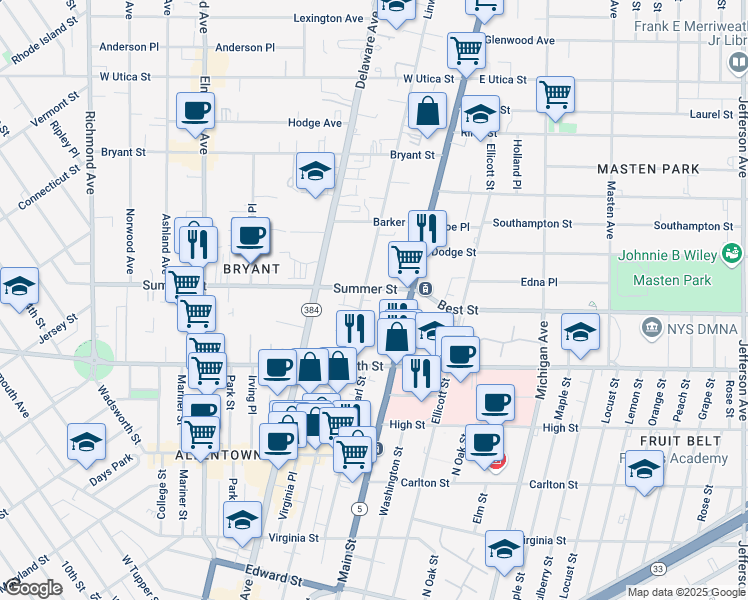 map of restaurants, bars, coffee shops, grocery stores, and more near 46 Summer Hill Lane in Williamsville