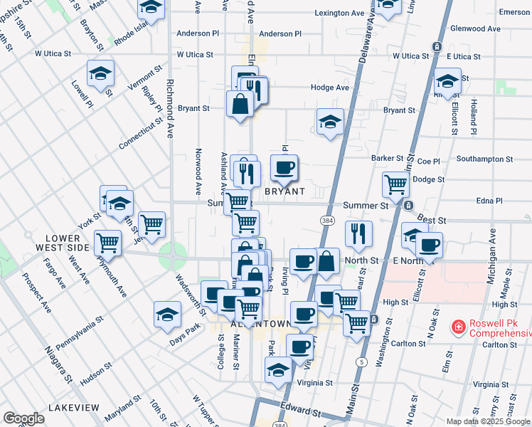 map of restaurants, bars, coffee shops, grocery stores, and more near 200 Summer Street in Buffalo