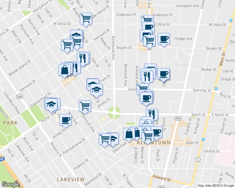 map of restaurants, bars, coffee shops, grocery stores, and more near 92 Richmond Avenue in Buffalo