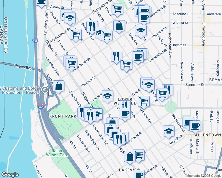 map of restaurants, bars, coffee shops, grocery stores, and more near 260 Connecticut Street in Buffalo