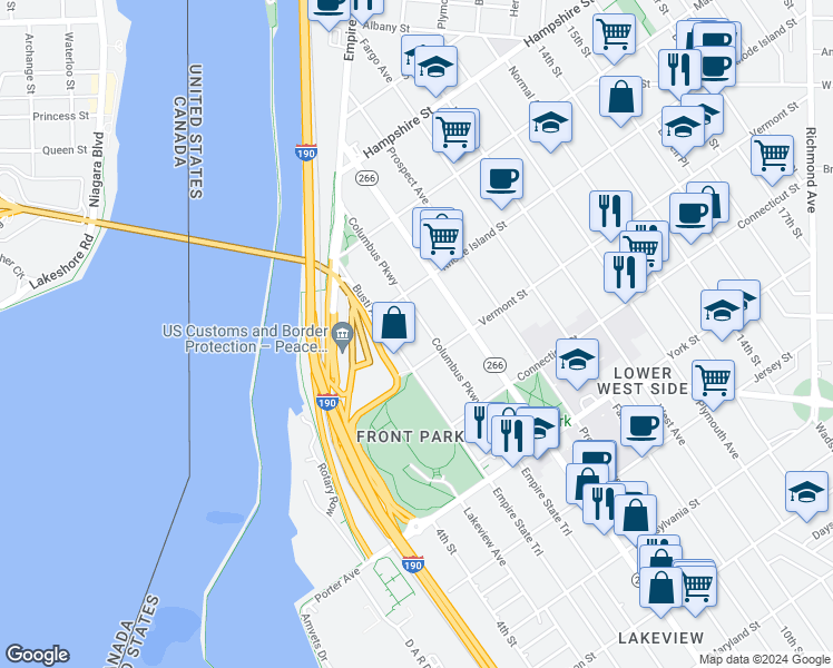 map of restaurants, bars, coffee shops, grocery stores, and more near 768 Columbus Parkway in Buffalo