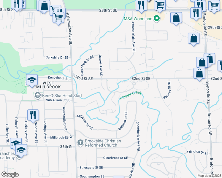 map of restaurants, bars, coffee shops, grocery stores, and more near 1900 32nd Street Southeast in Grand Rapids