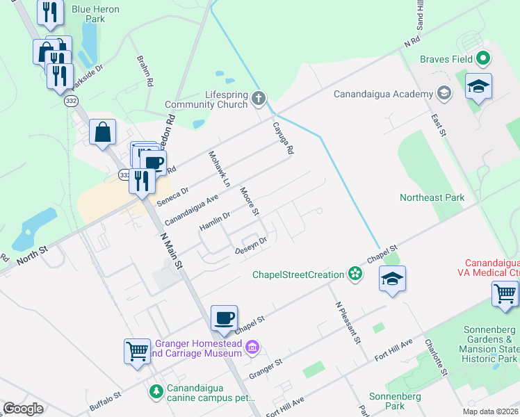 map of restaurants, bars, coffee shops, grocery stores, and more near 109 Stewart Place in Canandaigua