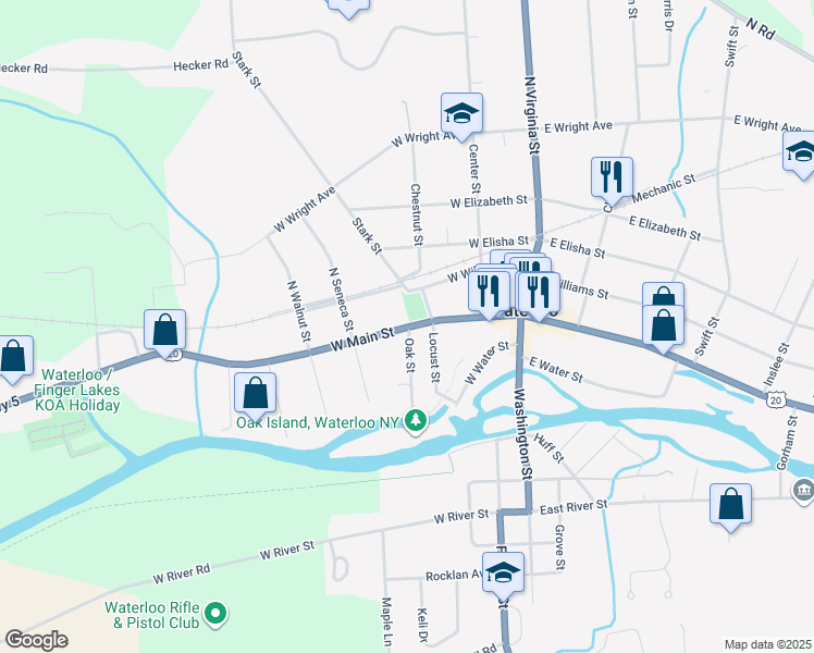 map of restaurants, bars, coffee shops, grocery stores, and more near 202 West Main Street in Waterloo