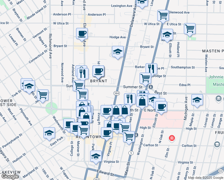 map of restaurants, bars, coffee shops, grocery stores, and more near 742 Delaware Avenue in Buffalo