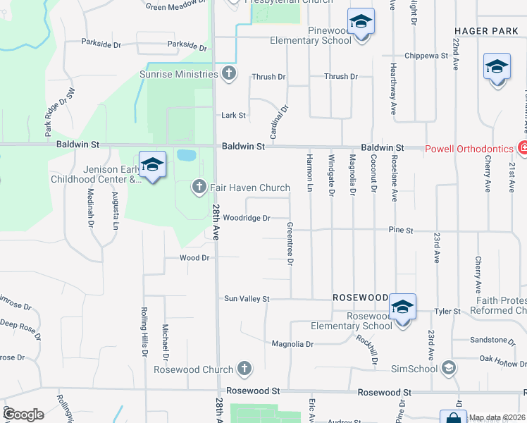 map of restaurants, bars, coffee shops, grocery stores, and more near 2683 Woodridge Drive in Jenison