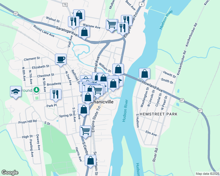 map of restaurants, bars, coffee shops, grocery stores, and more near 54 North Main Street in Mechanicville