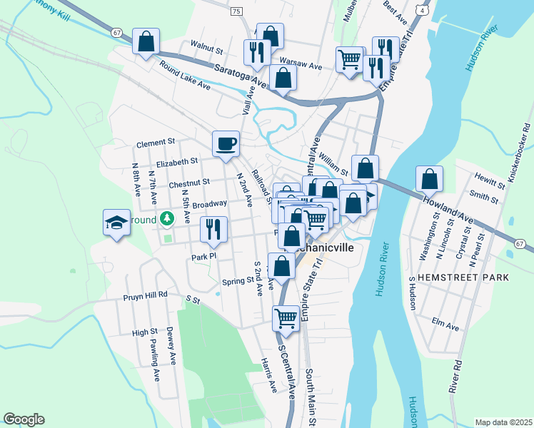 map of restaurants, bars, coffee shops, grocery stores, and more near 300 Park Avenue in Mechanicville