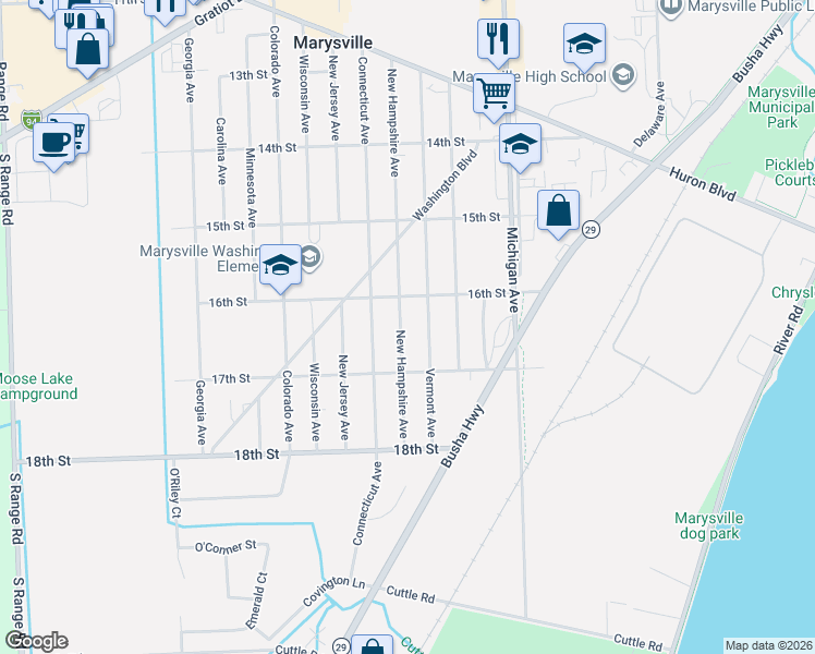 map of restaurants, bars, coffee shops, grocery stores, and more near 1622 Vermont Avenue in Marysville