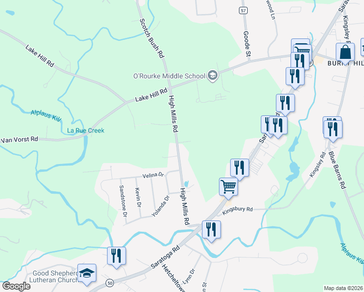 map of restaurants, bars, coffee shops, grocery stores, and more near 42 High Mills Scotch Bush Road in Schenectady County