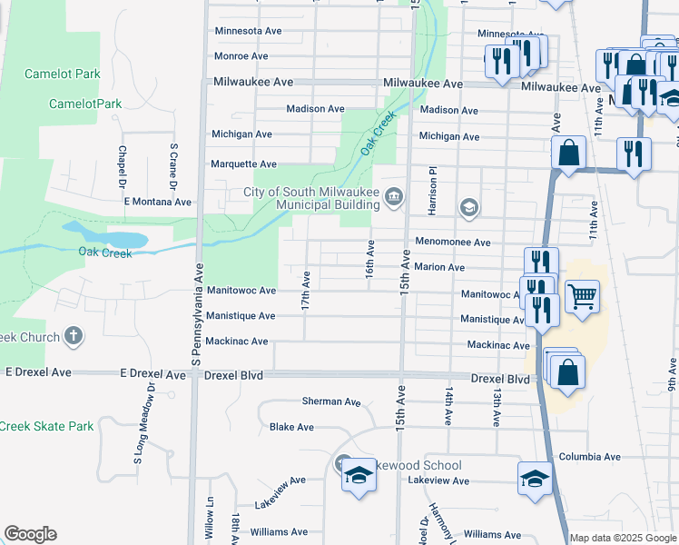 map of restaurants, bars, coffee shops, grocery stores, and more near 1613 Marion Avenue in South Milwaukee
