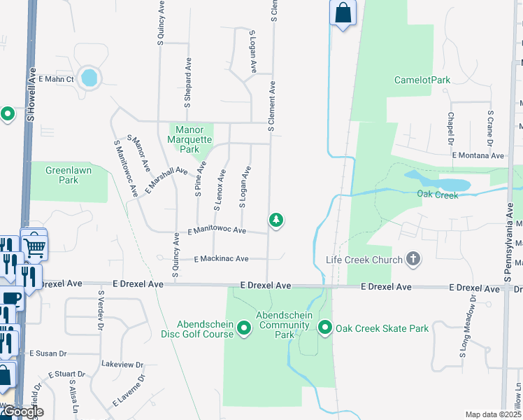 map of restaurants, bars, coffee shops, grocery stores, and more near 7707 South Clement Avenue in Oak Creek